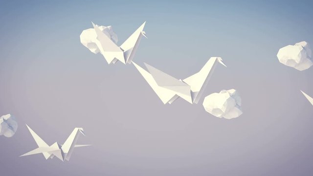 A dreamlike 3d rendering of flying white paper cranes with white paper clouds in the grey background. They fly to the southern lands and emanate eternal wisdom. They look affectionate.