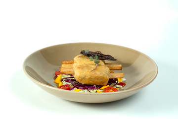 Fried shrimp mousse on sugar cane skewer on white background with clipping path