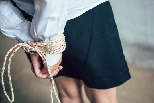 Office girl who unfortunately was kidnapped at the abandoned house and raping her. And tightly bound with rope. She was stripped shirt off, leaving only underwear.