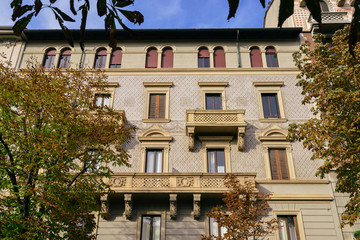 Fototapeta premium Colourful and bright art-noveau (Liberty) style buildings in Milan, Lombardy, Italy