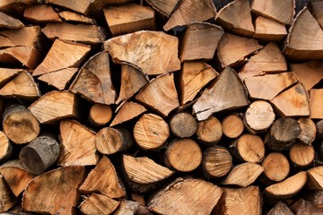 Fototapeta premium A heap of wood for heating. Ecological heating of the house. Preparing for the winter.