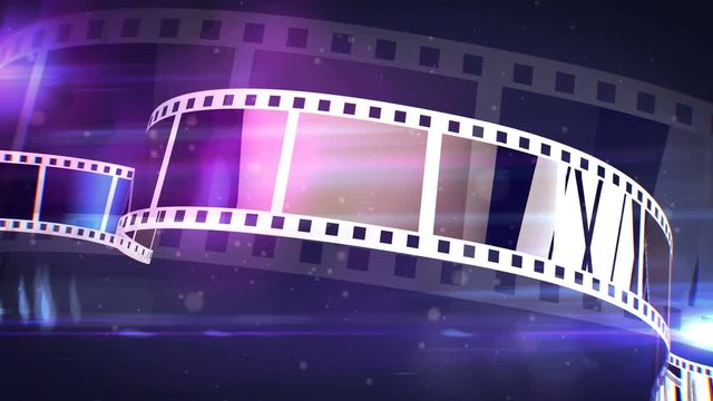 An amazing 3d rendering of a violet and white cinematographic film tape. The film tape spins on a reel fast with the bright blue beams in the background. It looks like a film projecter work.