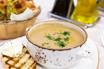 Close up of bowl with mushroom cream soup