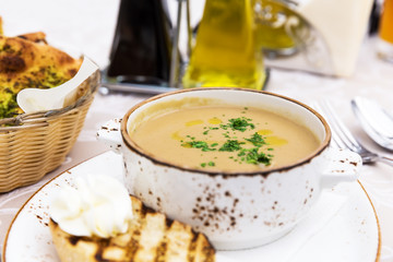 Close up of bowl with mushroom cream soup