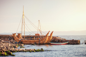 Traditional totora boat in Titicaca lake, Bolivia