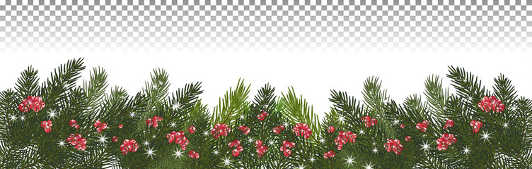 wide garland of Christmas trees, isolated. Branches of Christmas trees and red berries, snowflakes.Vector illustration. Eps 10.
