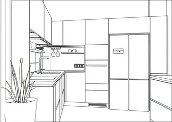 3D vector sketch. Modern kitchen design in home interior. Kitchen sketch. Home Interior Design Software Programs.