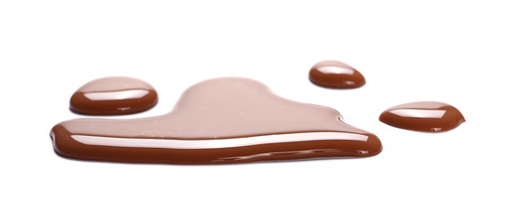 Spilled chocolate milk puddle isolated on white background