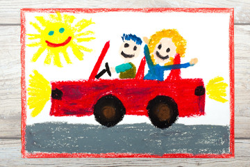 Photo of a colorful drawing: Smiling couple sitting on their cabriolet car.  Car with a roof.
