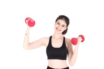 Beautiful young fitness woman in sportswear Lifting Dumbbells in Weight Training gym over white background 