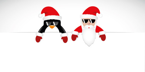weihnachtsmann und pinguin mit sonnenbrille banner rot