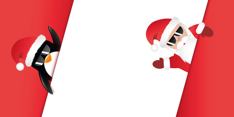 weihnachtsmann und pinguin mit sonnenbrille winken banner rot
