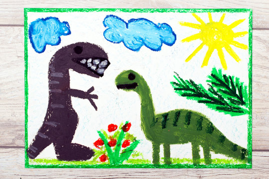 Photo of colorful drawing: Smiling dinosaurs. Big diplodocus and tyrannosaurus rex
