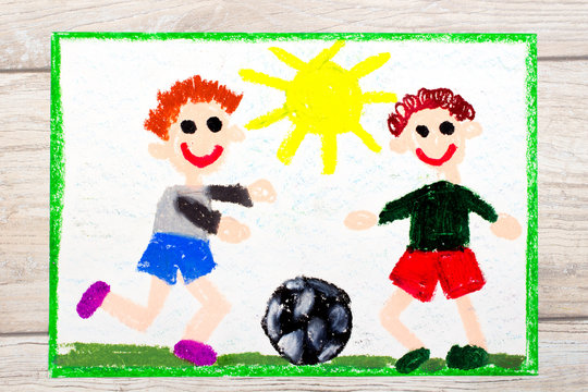Photo of colorful drawing :Two little boys play football. Soccer game