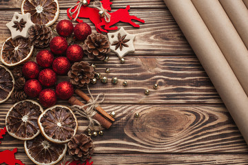 Wooden christmas background with handmade christmas tree toys