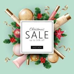Realistic 3d Christmas holiday sale web banner template. Cosmetic makeup product ad decoration holly branches. New Year special offer square frame promotional poster vector illustration