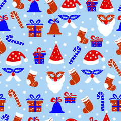 Seamless pattern with christmas elements on a blue background, gifts, christmas sock, sweet stick, bell, Santa hat.