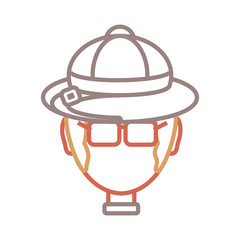 flat line colored man face with safari hat over white background  vector illustration