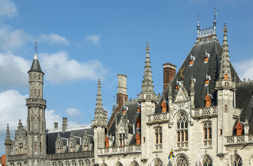 The medieval architecture of Bruges, part of the town hall building.