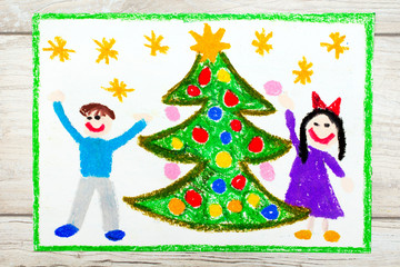 Photo of colorful drawing: Happy couple and Christmas tree
