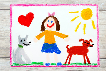 Obraz na płótnie Canvas Photo of colorful drawing: Smiling little girl and her cute dogs