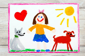 Photo of colorful drawing: Smiling little girl and her cute dogs