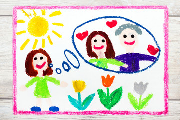 Photo of colorful drawing: young girl dreaming about happy relationship and big love
