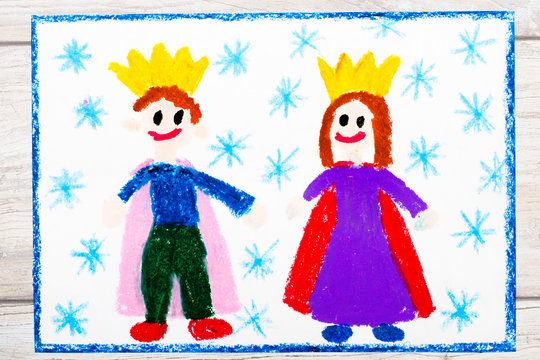 Photo of colorful drawing: smiling king and queen with their crowns