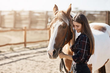 Fototapeta premium Young woman preparing to become a riding instructor taking care and talking to a horse on a hot autumn day.