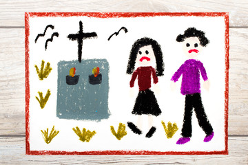 Photo of colorful drawing: Sad couple and grave.