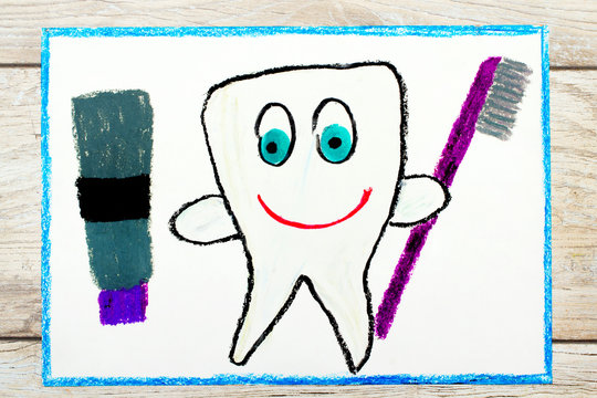 Photo of colorful drawing: smiling healthy tooth holding a toothpaste and a toothbrush