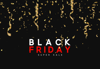 Black Friday super sale. Design of golden confetti and serpentine on black background.