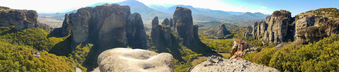 Dramatic panoramic view of the Meteora rock monasteries in Greece
