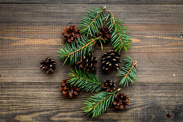 Spruce branch and pinecone pattern on wooden background top view copyspace