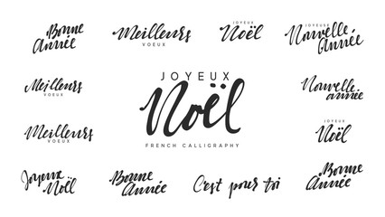 French lettering Joyeux noel, Meilleurs Voeux, Bonne annee.