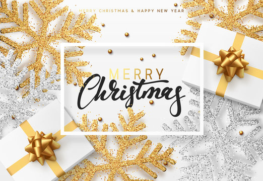 Christmas background with gifts and shining golden and silver snowflakes. Merry Christmas card vector Illustration.