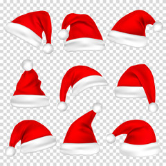 Christmas Santa Claus Hats Set. New Year Red Hat Isolated on Transparent Background. Vector illustration. - obrazy, fototapety, plakaty
