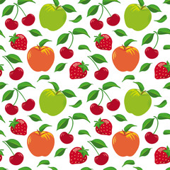 Seamless pattern with fruits and berries, apples, cherries and strawberries, green foliage.