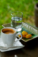 hot black coffee or hot American coffee in white cup Served with Met Khanoon (Golden Jackfruit Seeds Thai Mung Bean Marzipan and Egg Yolk Dessert) green lawn garden.have some space for write wording