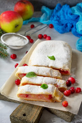 Homemade apple strudel with fresh apples, cranberry and sugar powder on slate or stone background. Copy space.