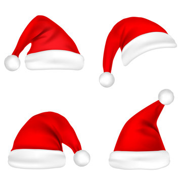 Christmas Santa Claus Hats Set. New Year Red Hat Isolated on White Background. Vector illustration.