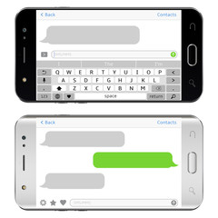 Smart phones with sms chat on screens. Horizontal phone positions.