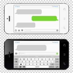 Black and white mobile phones with chatting sms app isolated on transparent background.