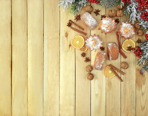 Fragrant festive homemade pastries on a wooden background. Food background. Christmas background.