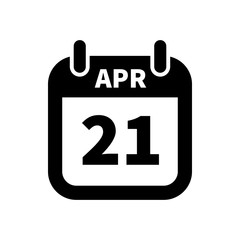 Simple black calendar icon with 21 april date isolated on white