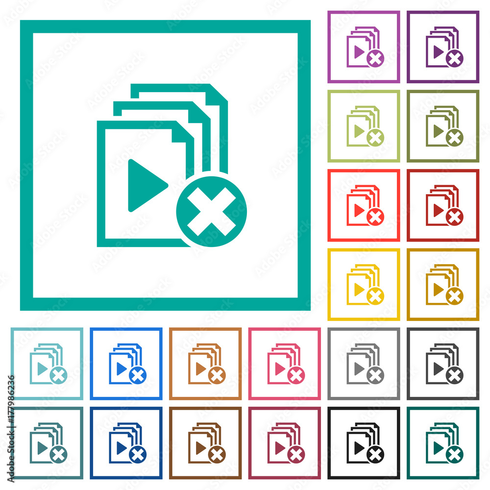 Poster cancel playlist flat color icons with quadrant frames