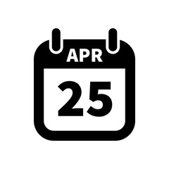 Simple black calendar icon with 25 april date isolated on white