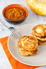 Pumpkin Pancakes With Honey and jam from a pumpkin.  Delicious natural Pumpkin Pancakes. Pumpkin food