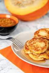 Pumpkin Pancakes With Honey and jam from a pumpkin.  Delicious natural Pumpkin Pancakes. Pumpkin food