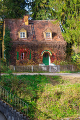 Little wooden fairy tale house in a tree trunk. Autumn. Vertical